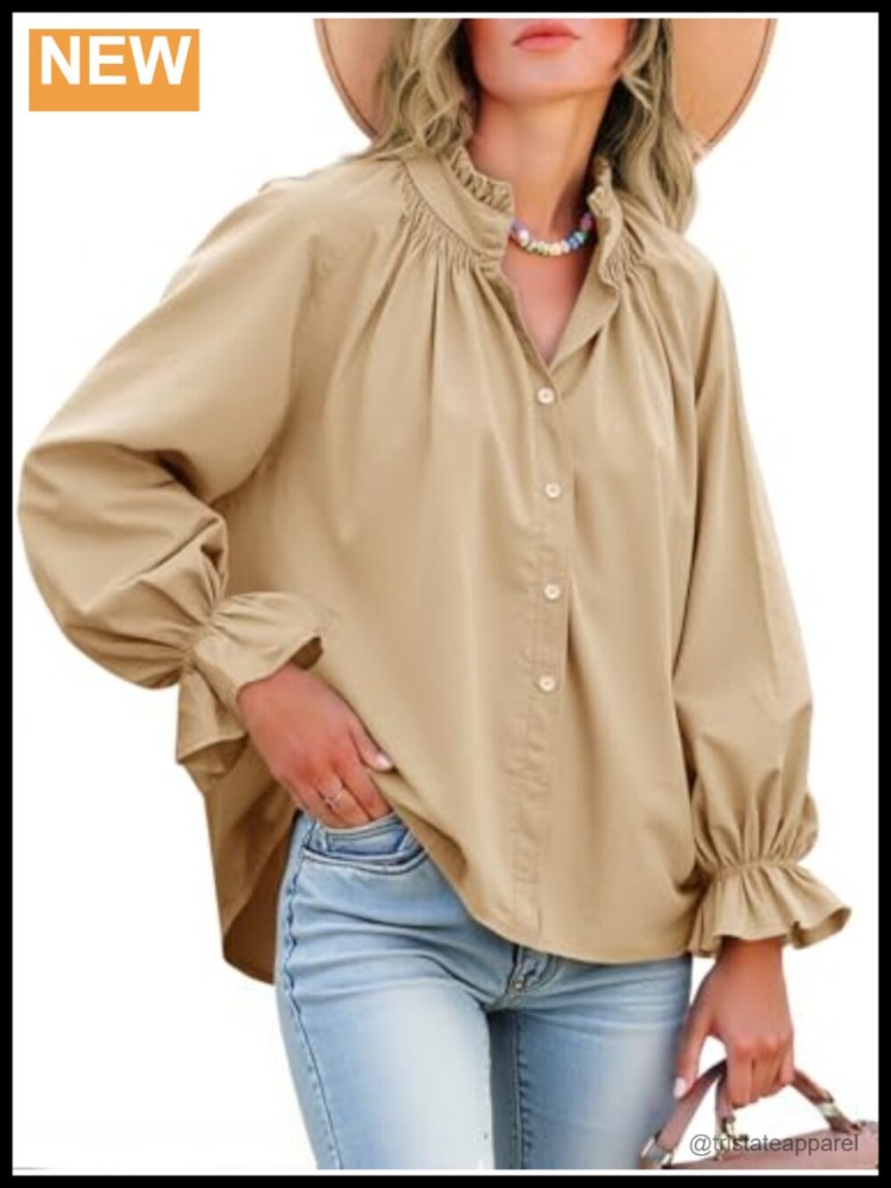 Womens Cotton Long Sleeve Button Down Blouse Puff Sleeve Oversized Top